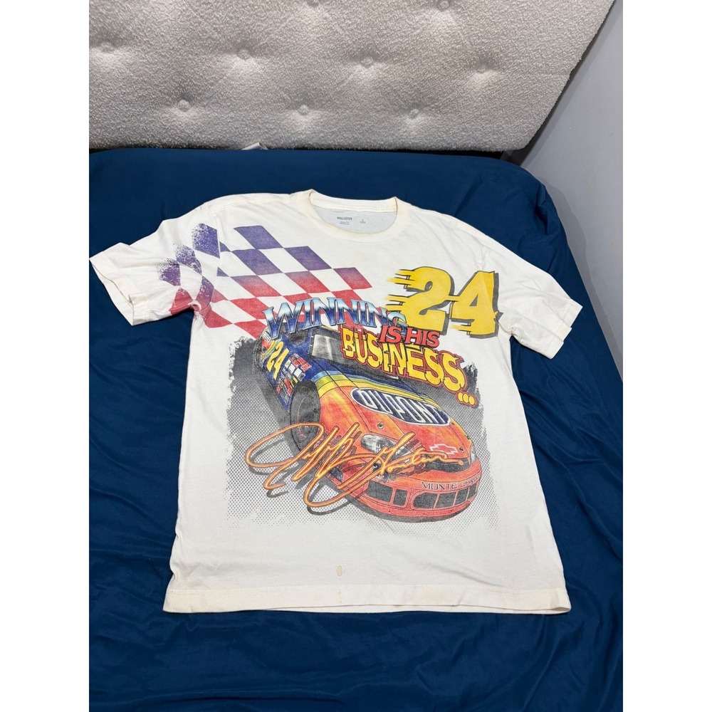 Hollister Jeff Gordon 24 NASCAR Graphic T-Shirt Boxy Fit Cream Small Racing Tee